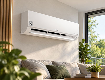Белый настенный кондиционер LG над диваном в светлой современной гостиной
